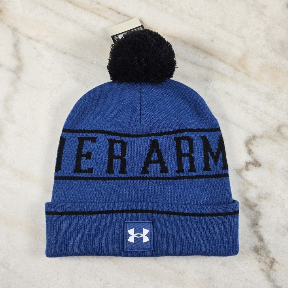 Under Armour Cuffed Fold Beanie Logo Winter Pom Athletic Royal Blue Men Gorpcore